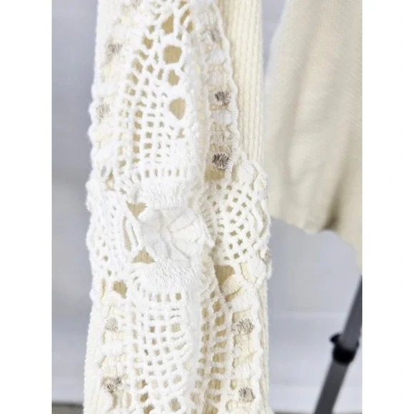 Women's Free People Small Crochet Sleeve Waffle Knit Top Boho Cottagecore - Picture 3 of 5